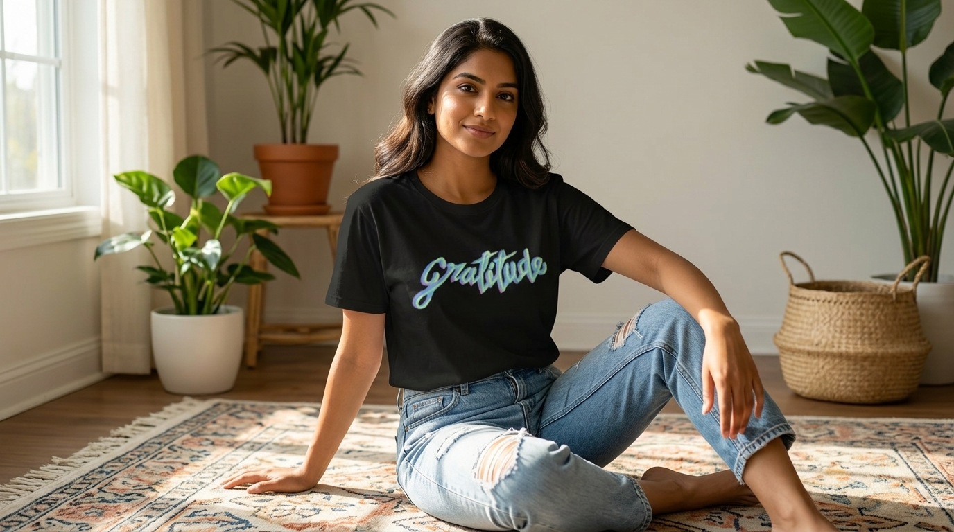 Woman wearing the Gratitude Script tee
